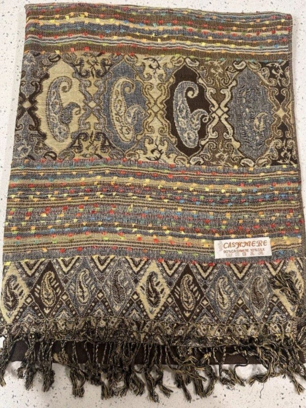 Cashmere Silk Paisley Pashmina Scarf Multicolor Fringe Woven 74"X27" Shawl Brown